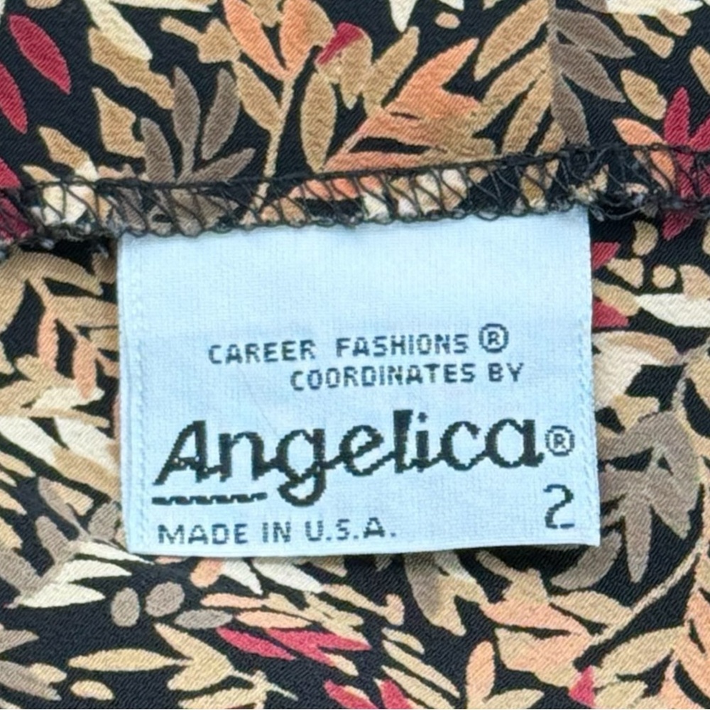 Angelica Vintage 1994 Rayon Blouse Leaf Print USA Made Black Women Sz 2 Career - Picture 5 of 10